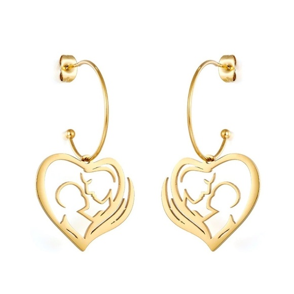 18k Gold Plated Heart Hollow Motherly Love Earrings - Picture 1 of 6